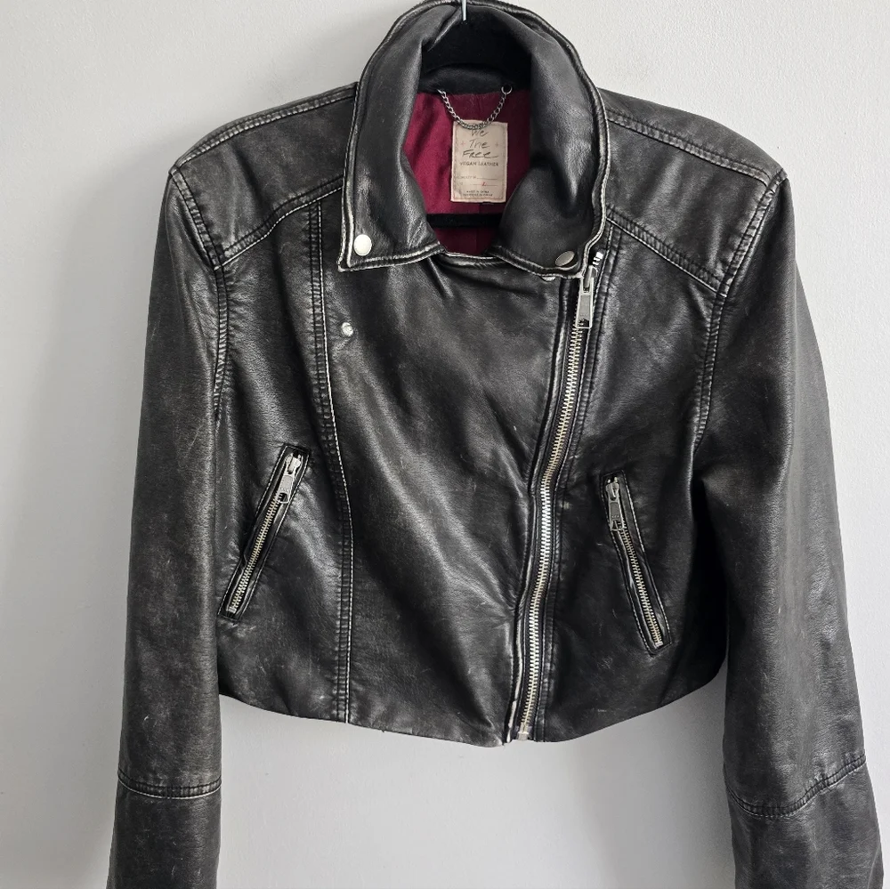 We The Free Black Distressed Women’s Faux Leather Moto Jacket Largd